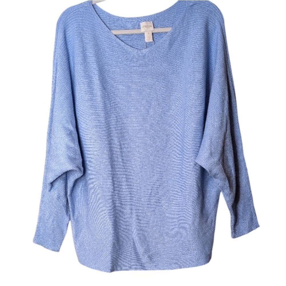 Chico's Blue Dolman Sleeve Knit Top Boatneck Batwing Lightweight ribbed 4/US 20